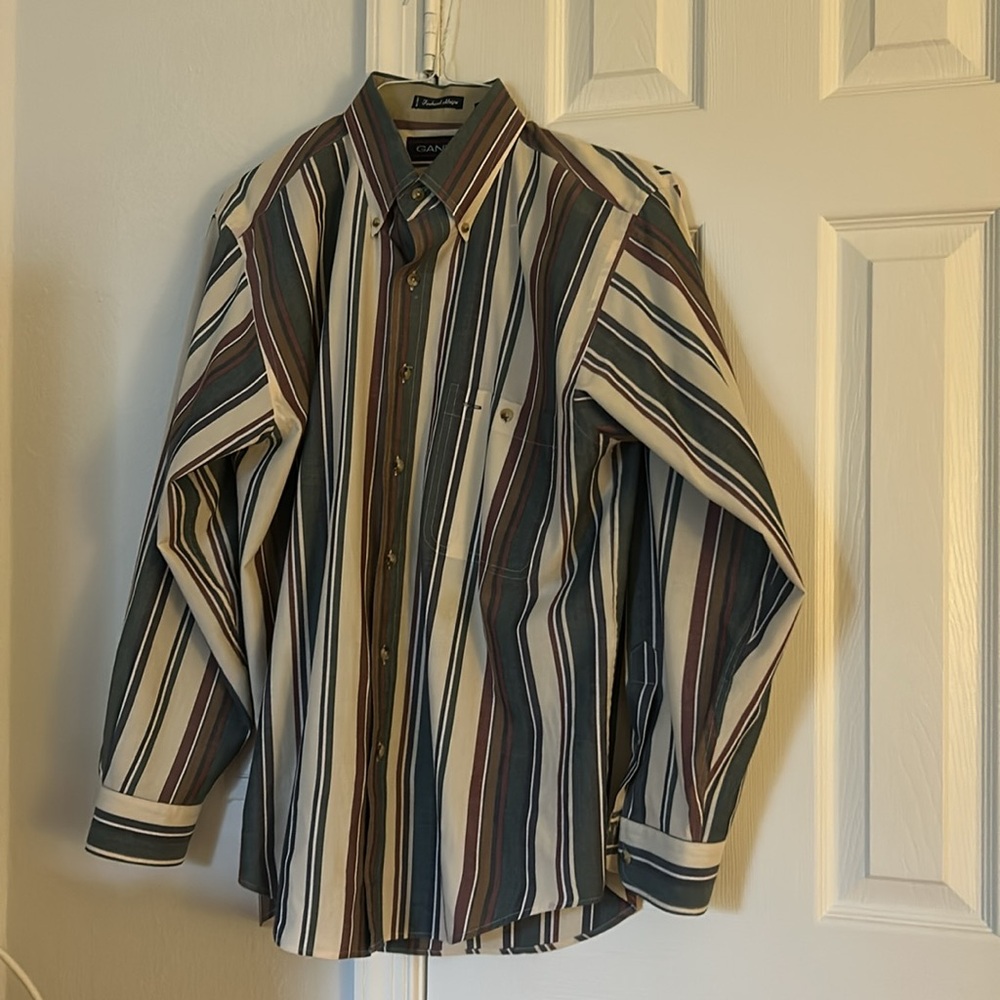 GANT Men’s White, Brown, & Green Fox Hunt Stripe Casual Button Down Shirt L
